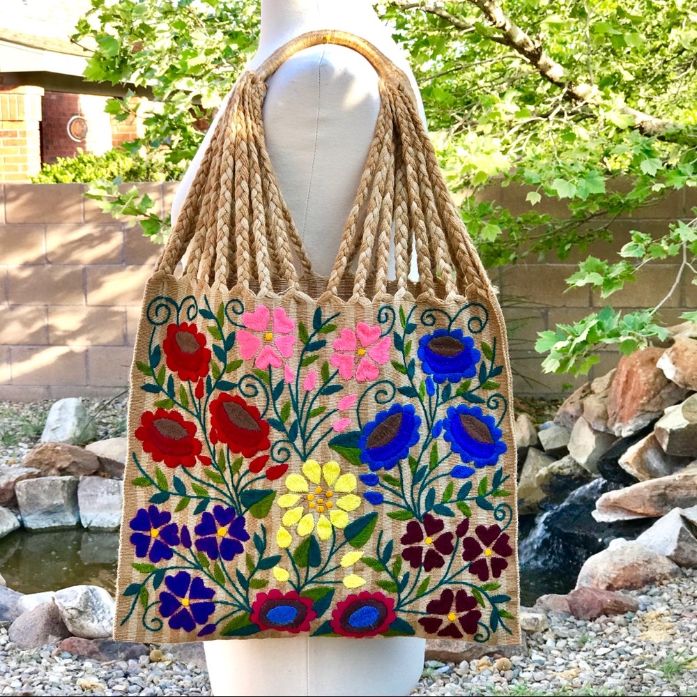 Hand-Embroidered Floral Tote Bag in Multi-Color
